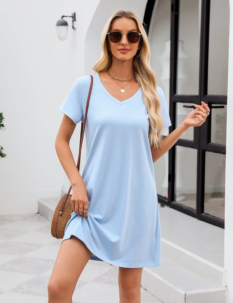 Light blue cotton nightgown V-neck sleep shirt dress with short sleeves