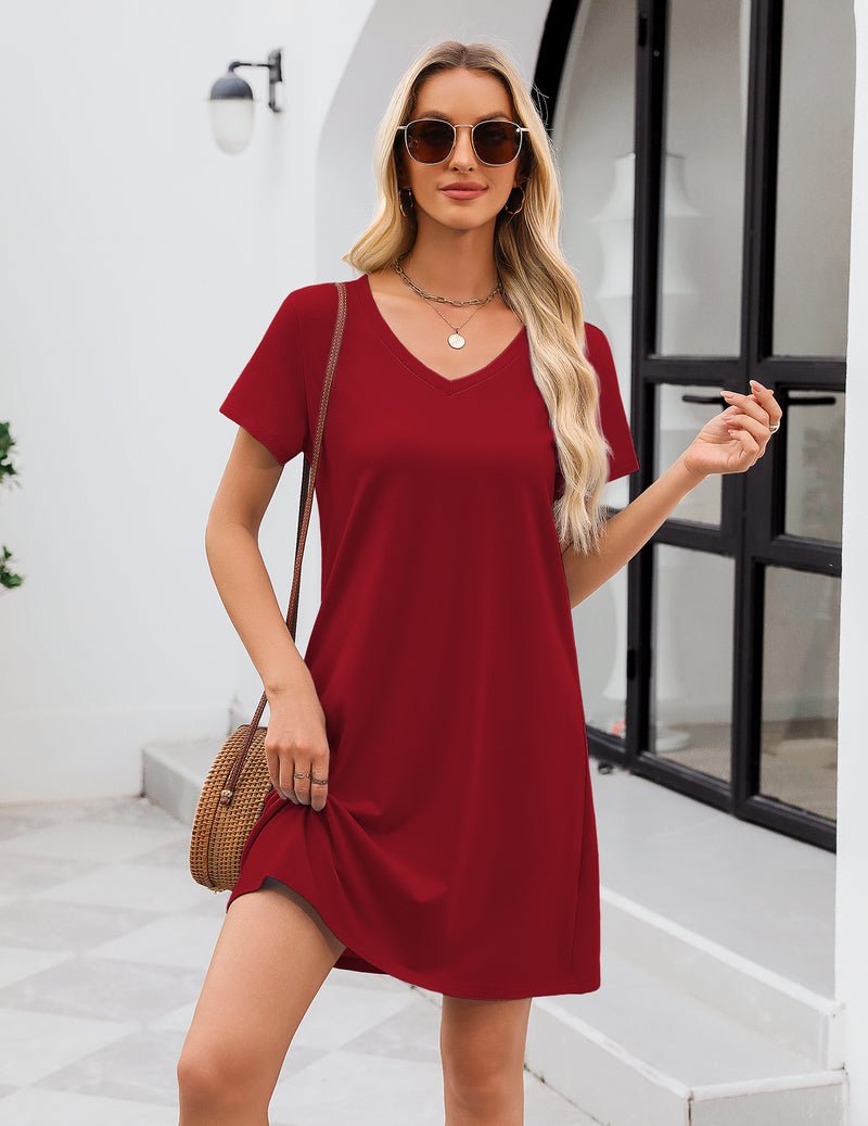 Wine red cotton V-neck sleep shirt, short sleeves, A-line hem