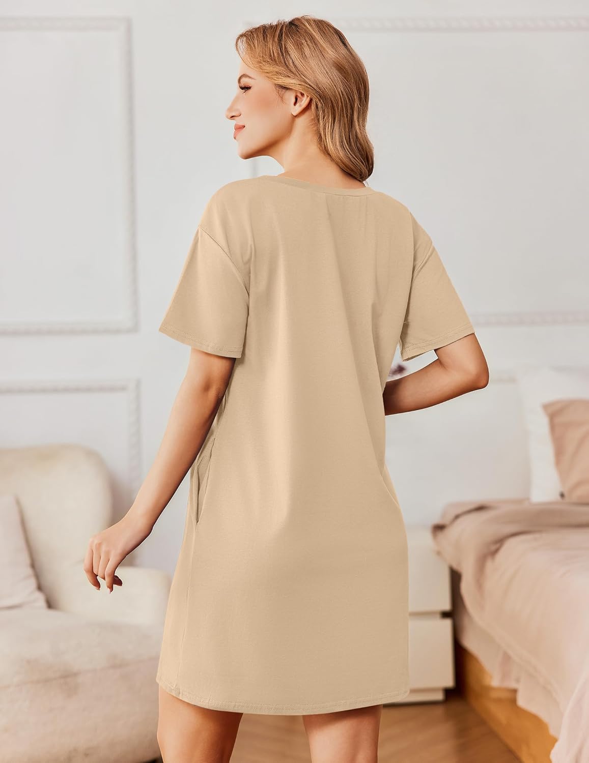 Cotton nightshirt dress, solid beige, back view with short sleeves