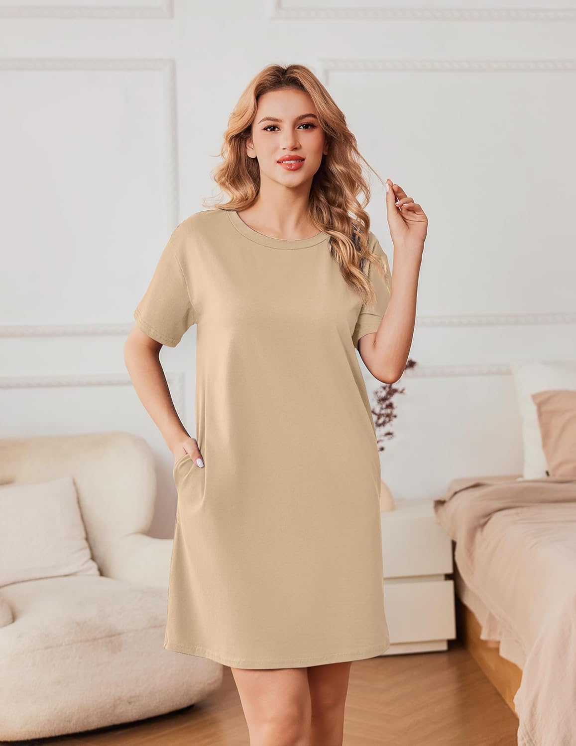 Cotton nightshirt dress, solid beige, short-sleeve T-shirt style
