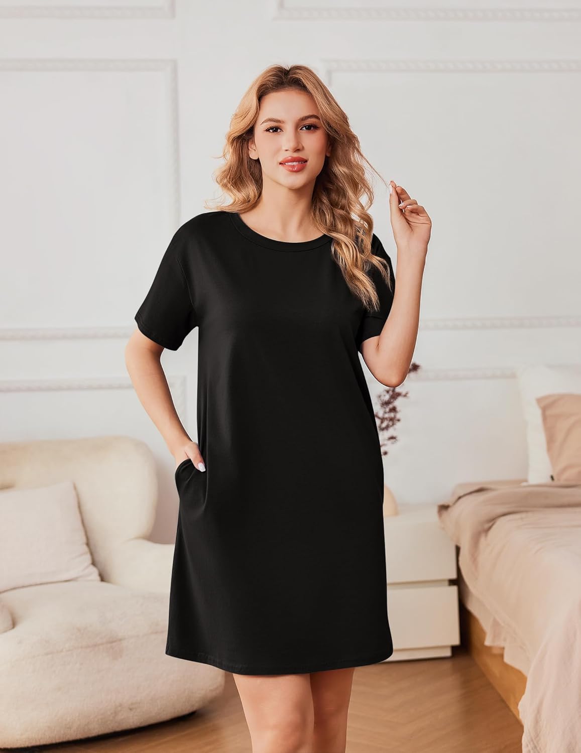 Cotton nightshirt dress, solid black, short-sleeve T-shirt style