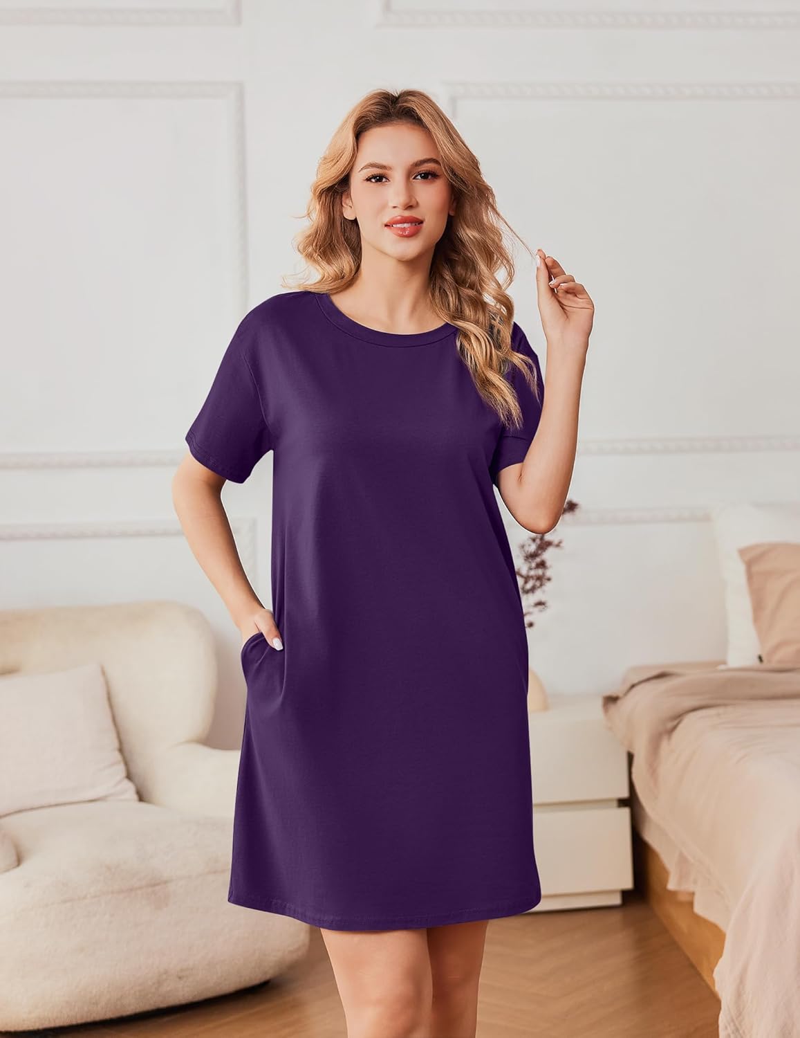Cotton sleepshirt dress, purple, short sleeves, round neck, side pocket