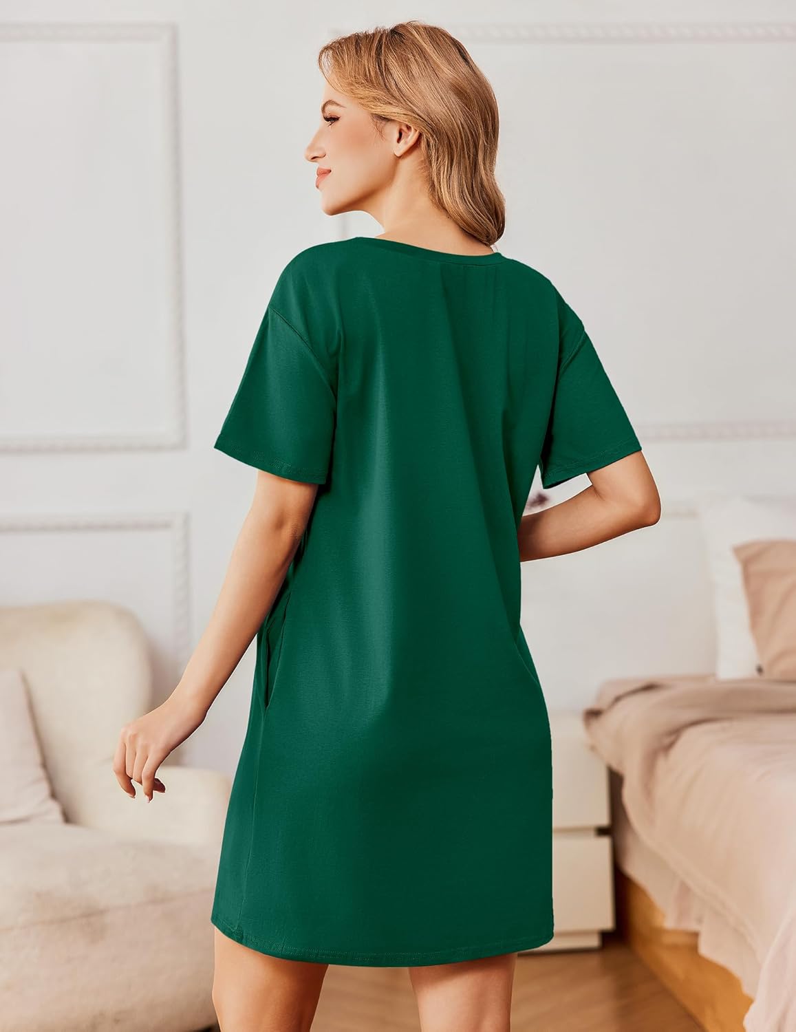 Cotton sleepshirt dress, evergreen green, back view, short sleeves, round neck