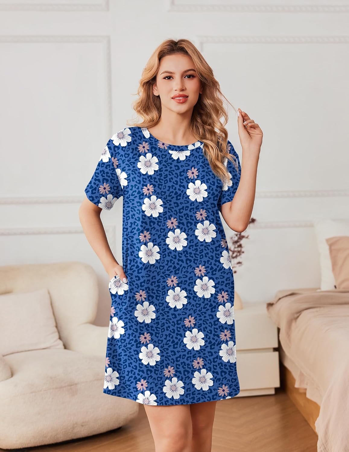 Ekouaer Cotton Sleep Shirts T-Shirt Dress Wine Red / 3XL