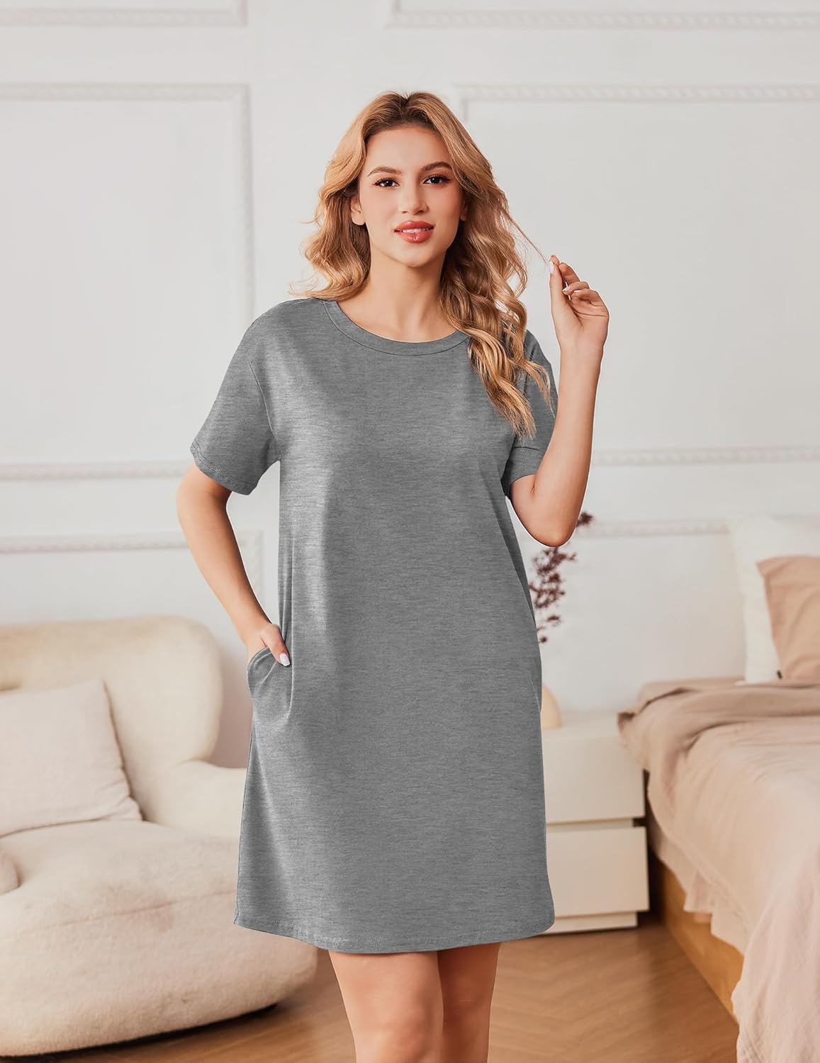 Cotton sleepshirt dress, heather gray, short sleeves, round neck, side pocket