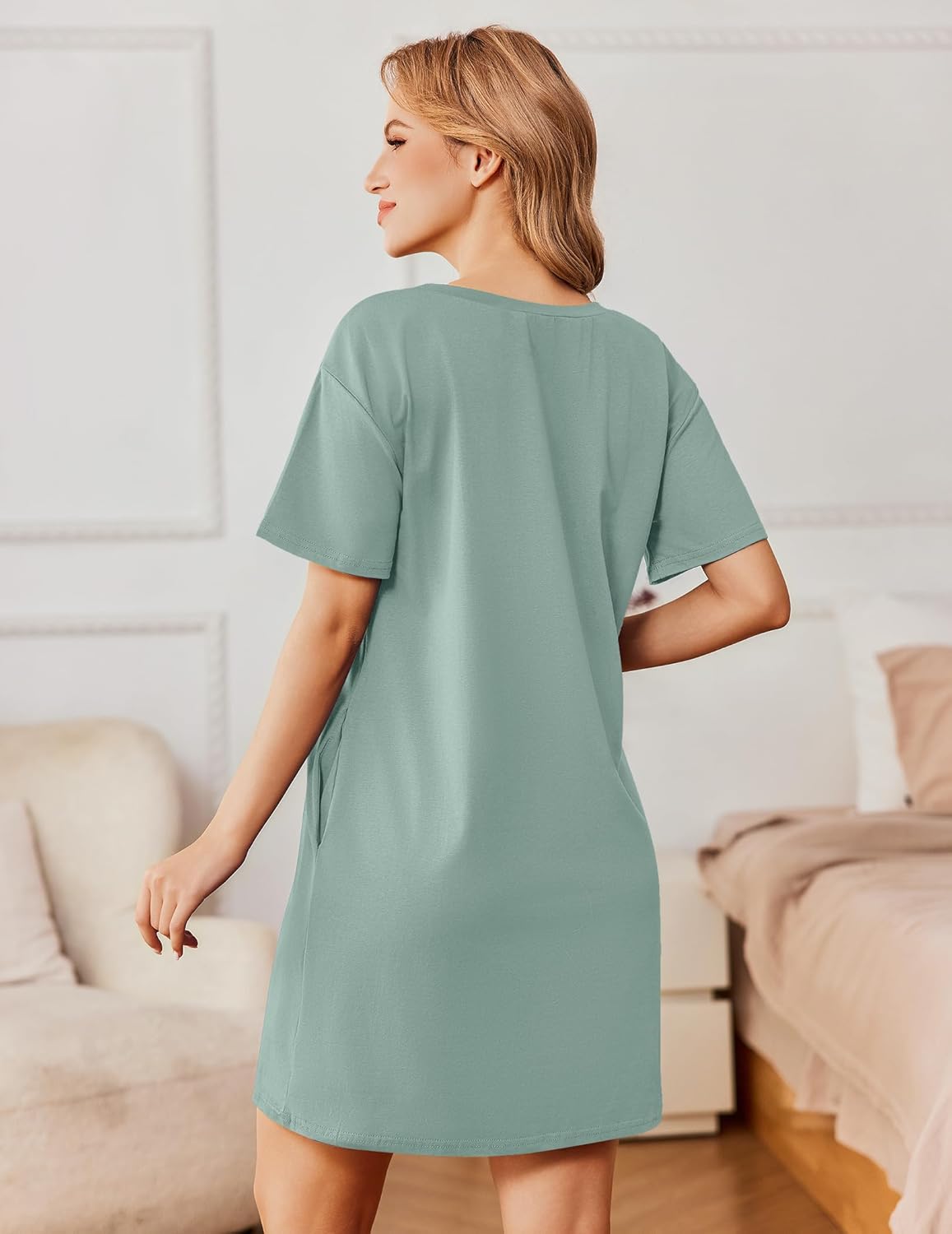 Cotton nightshirt dress, evergreen green solid, back view short sleeves