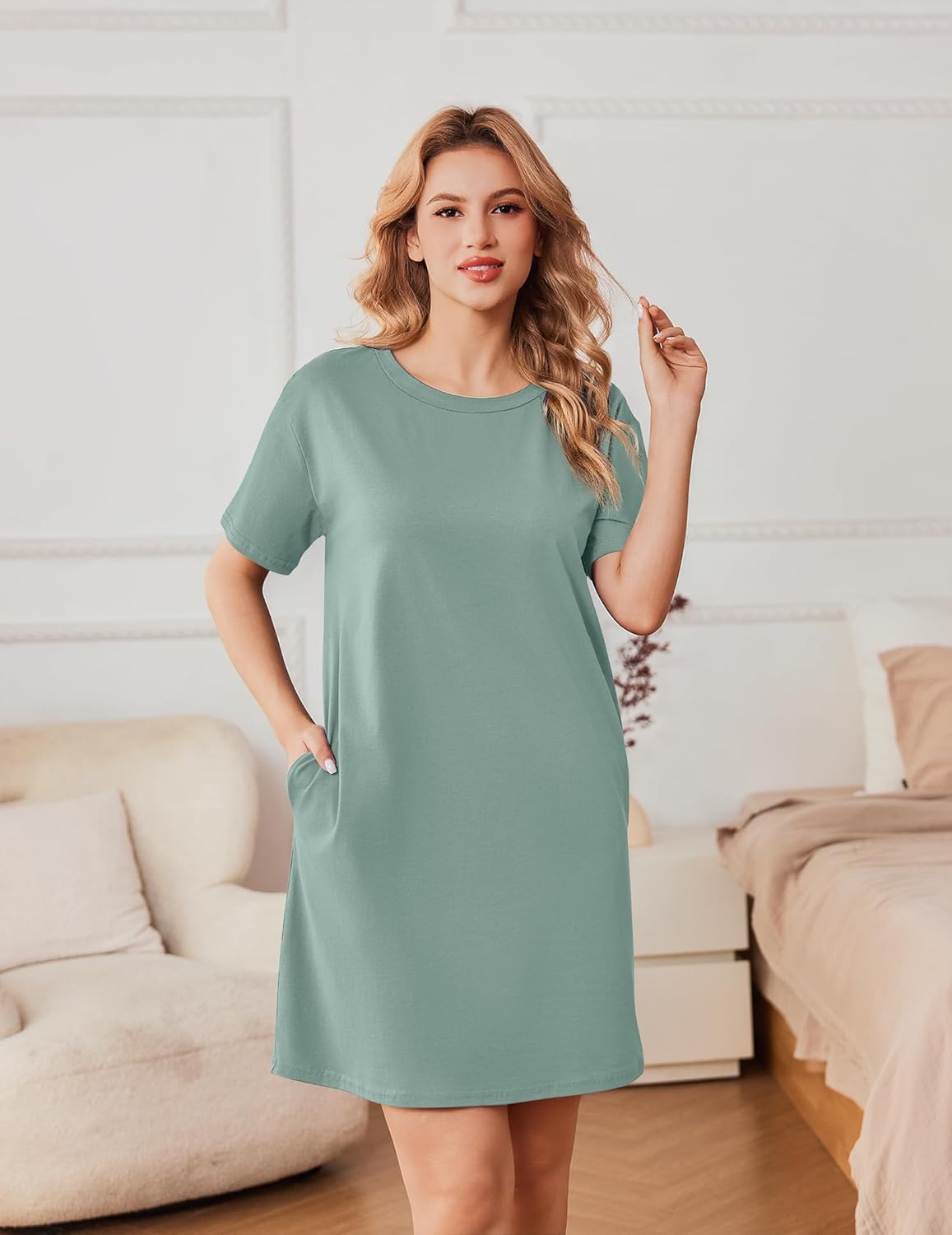 Cotton nightshirt dress, solid evergreen green, short-sleeve T-shirt style