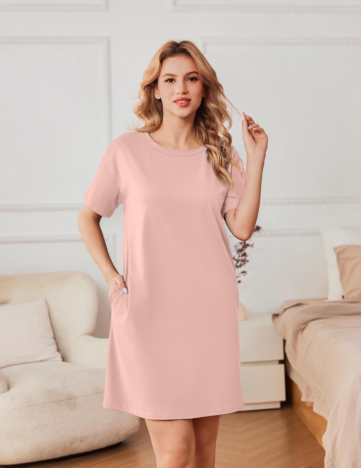 Cotton sleepshirt dress, blush pink, short sleeves, round neck, side pocket
