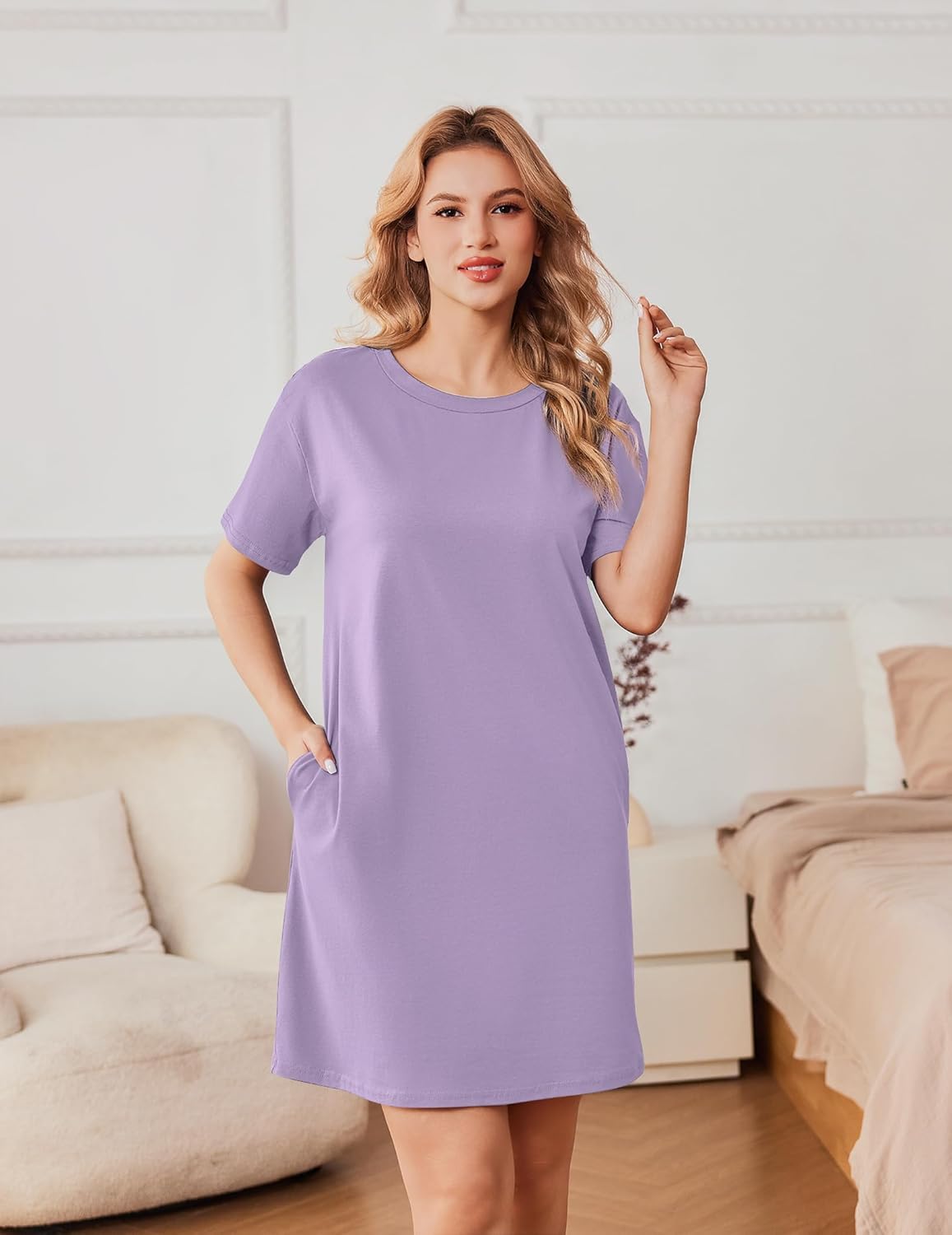 Cotton sleepshirt dress, lilac-purple, short sleeves, round neck, side pocket