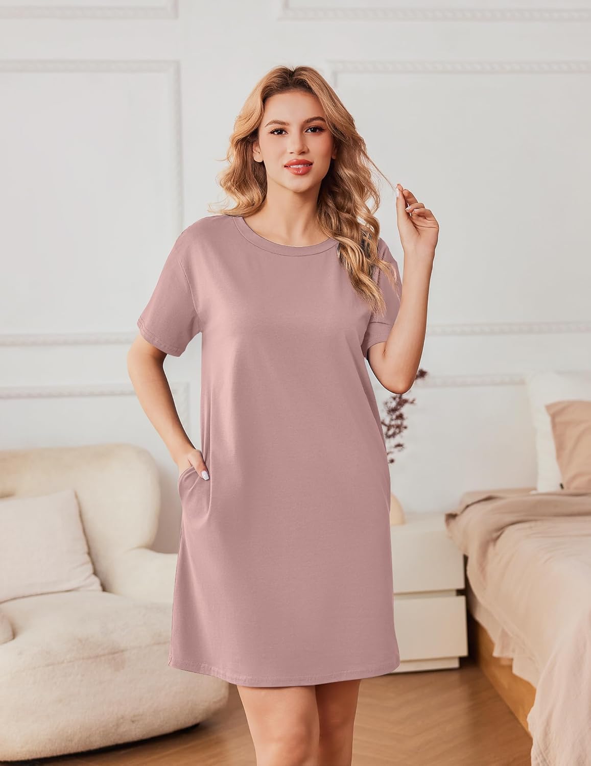 Cotton nightshirt dress, short-sleeve T-shirt style in mauve/pink