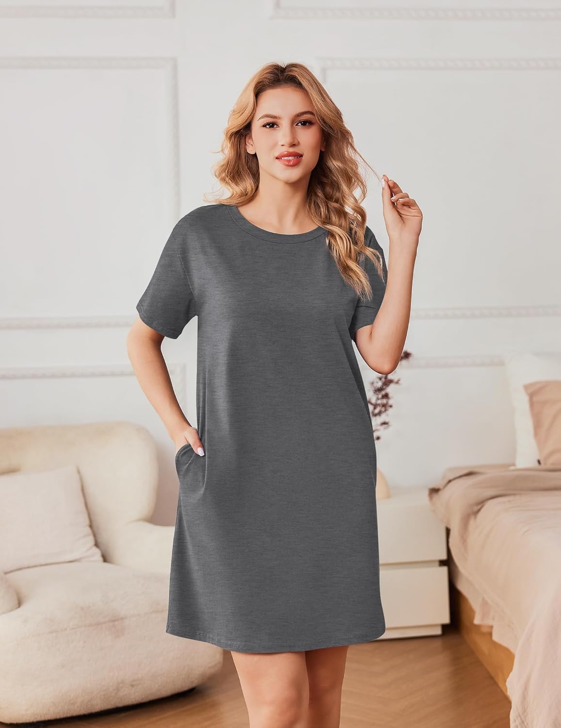 Cotton sleepshirt dress, light gray, short sleeves, round neck, side pocket