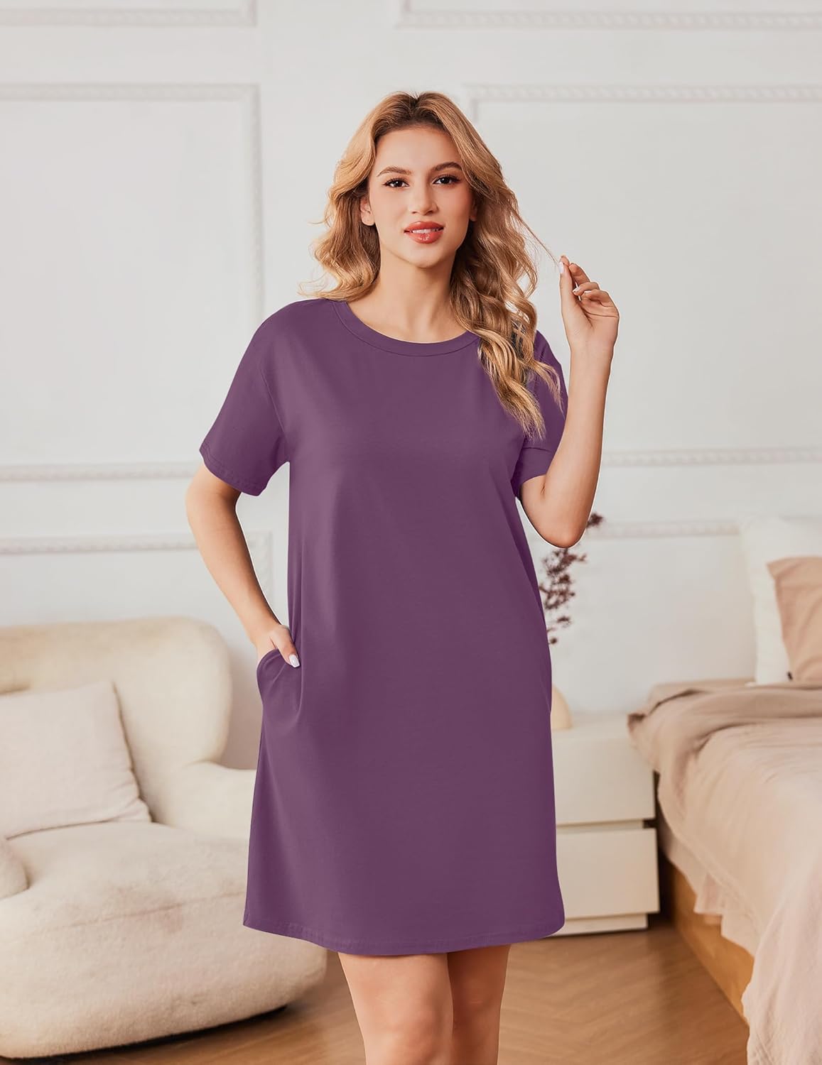 Purple cotton sleep shirt nightshirt dress, short sleeves and crew neck