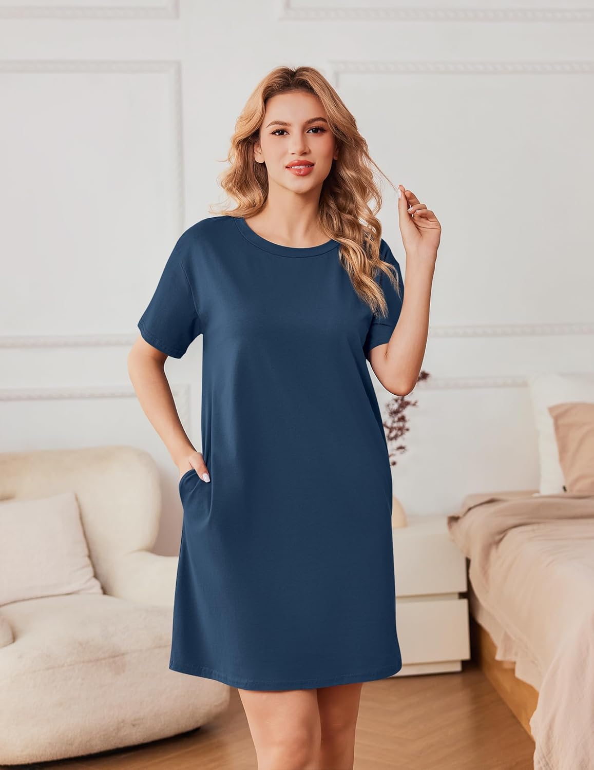 Cotton nightshirt dress, solid navy blue, short-sleeve T-shirt style