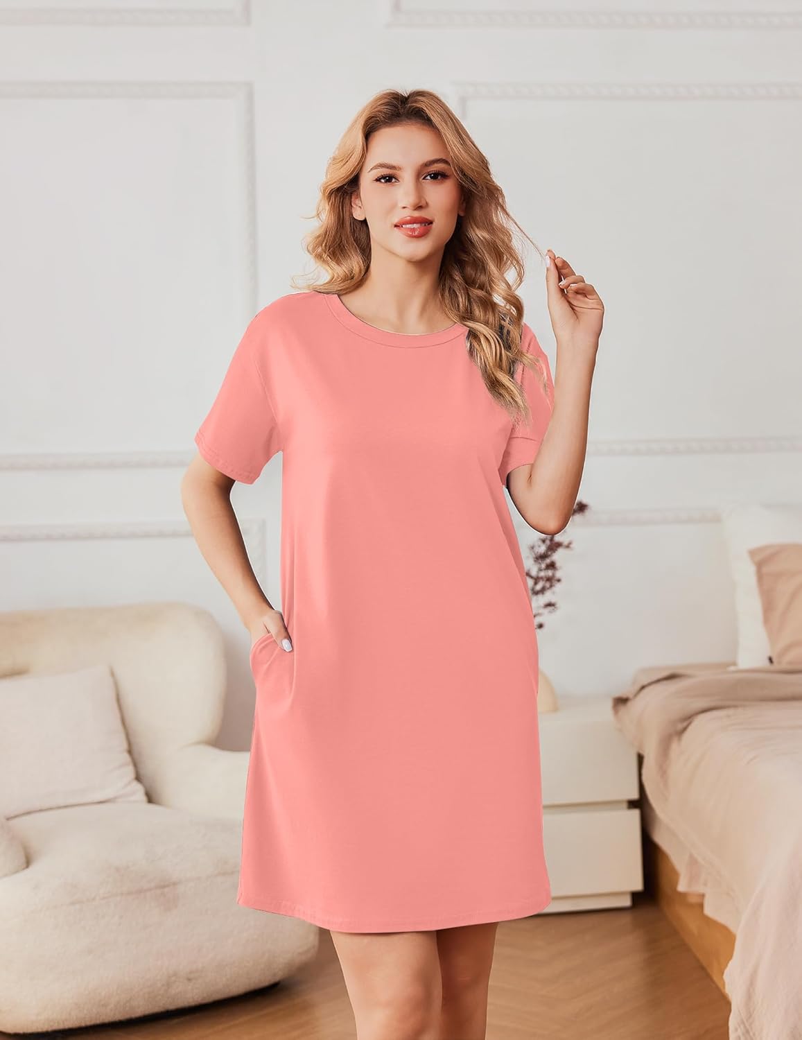 Cotton sleepshirt dress, soft pink, short sleeves, round neck, side pocket