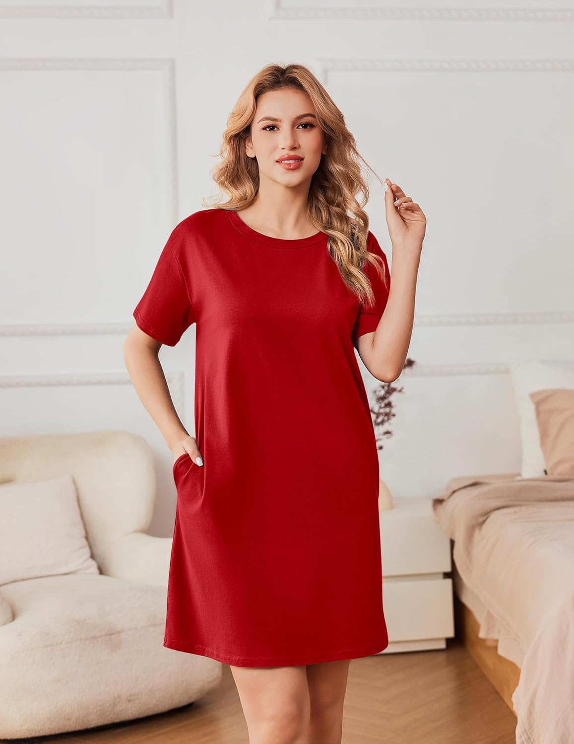 Cotton sleepshirt dress, red, short sleeves, round neck, side pocket