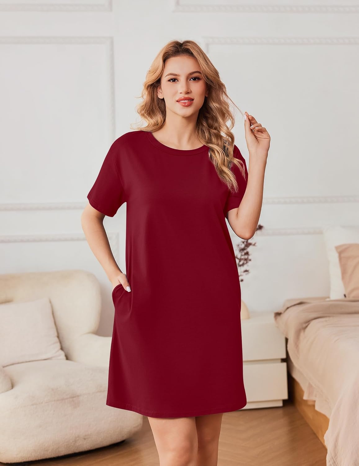 Cotton sleepshirt dress, dark red, short sleeves, round neck, side pocket
