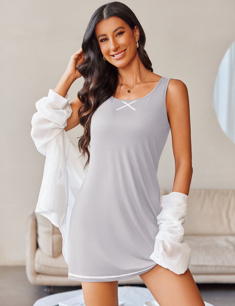 Cotton sleeveless nightgown with racerback in light gray, white-trim hem and small chest detail