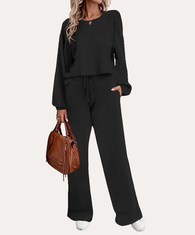 Black cozy knit pajama set, long-sleeve top and wide-leg drawstring pants