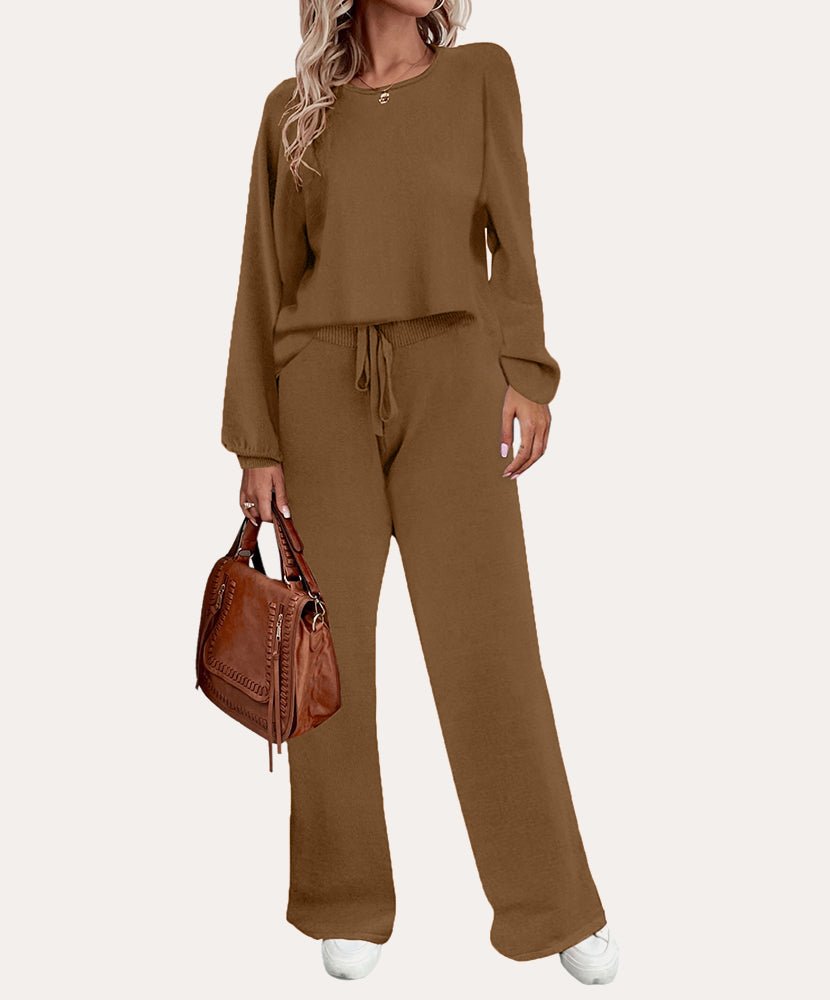 Cozy knit pajama set in brown: long-sleeve top and drawstring wide-leg pants