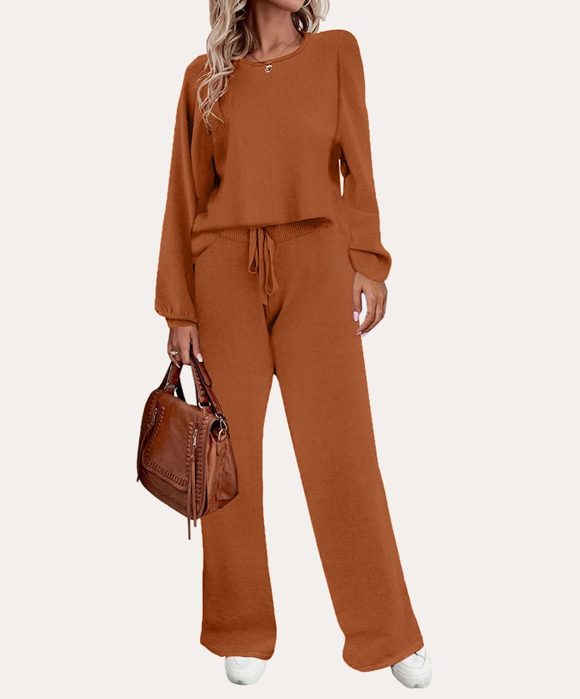 Brown cozy knit pajama set with long sleeves and wide-leg drawstring pants