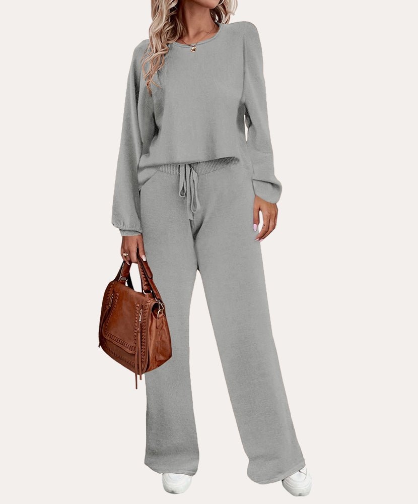 Cozy knit pajama set in gray: long-sleeve top and drawstring wide-leg pants