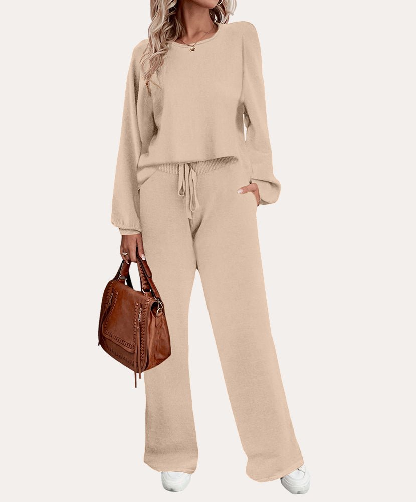 Cozy knit pajama set in khaki: long-sleeve top with drawstring wide-leg pants
