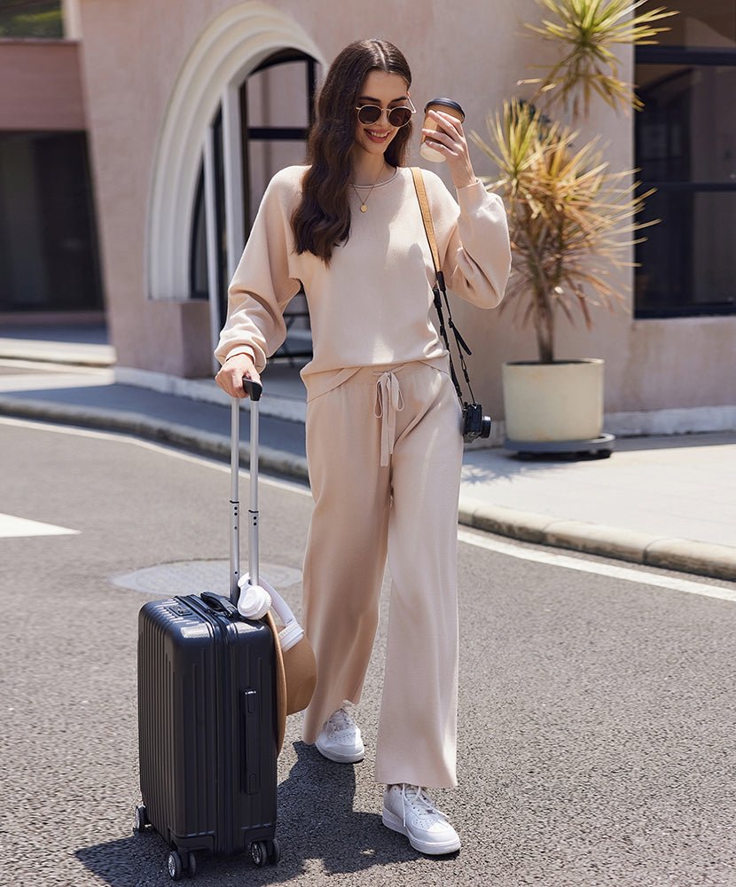 Cozy knit pajama set in cream: long-sleeve top and drawstring wide-leg pants