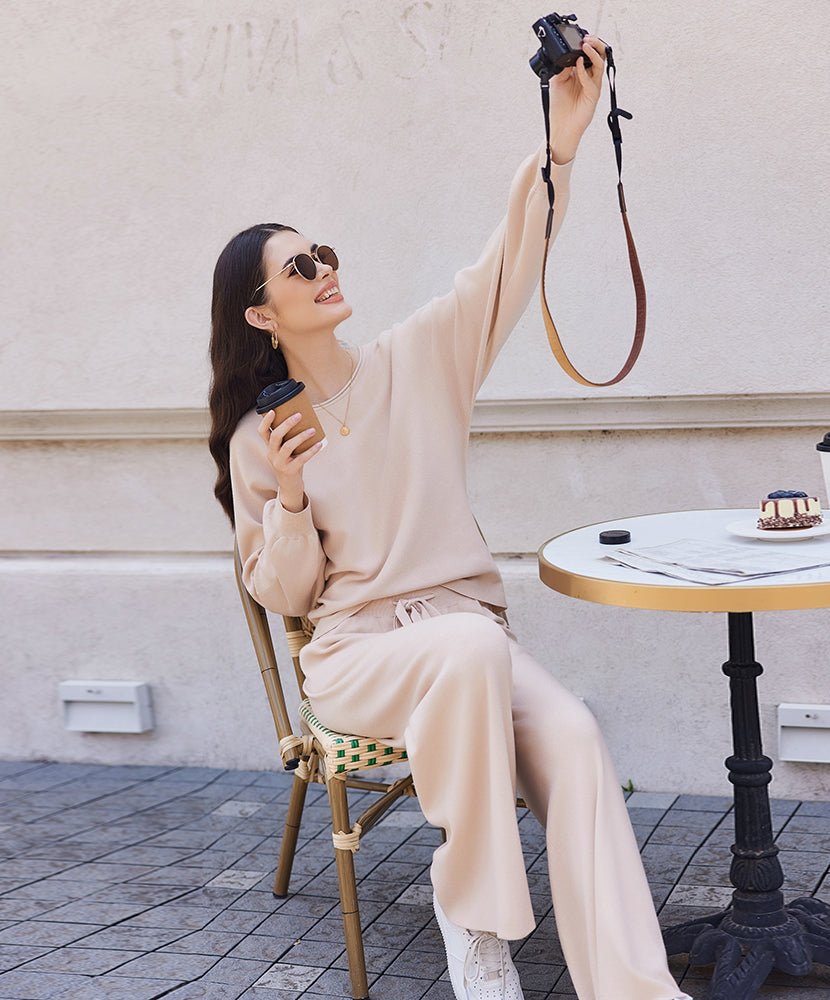 Cozy knit pajama set in cream: long-sleeve top with drawstring waist wide-leg pants