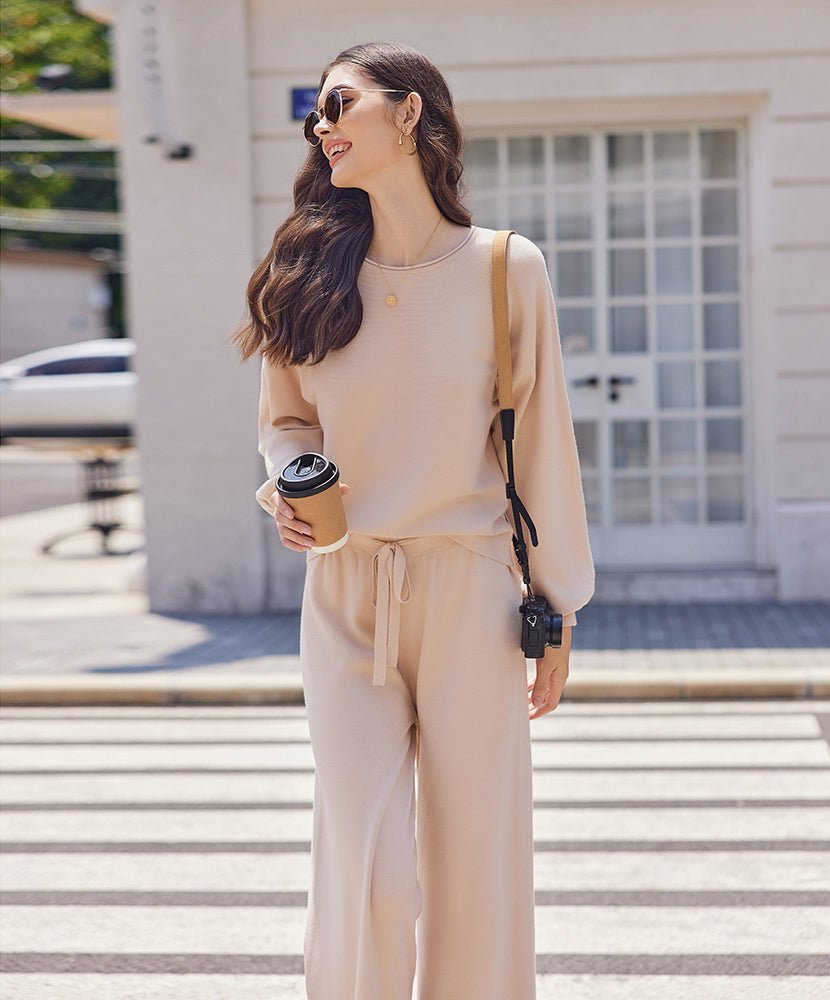 Cozy knit pajama set in cream: long-sleeve top and drawstring wide-leg pants