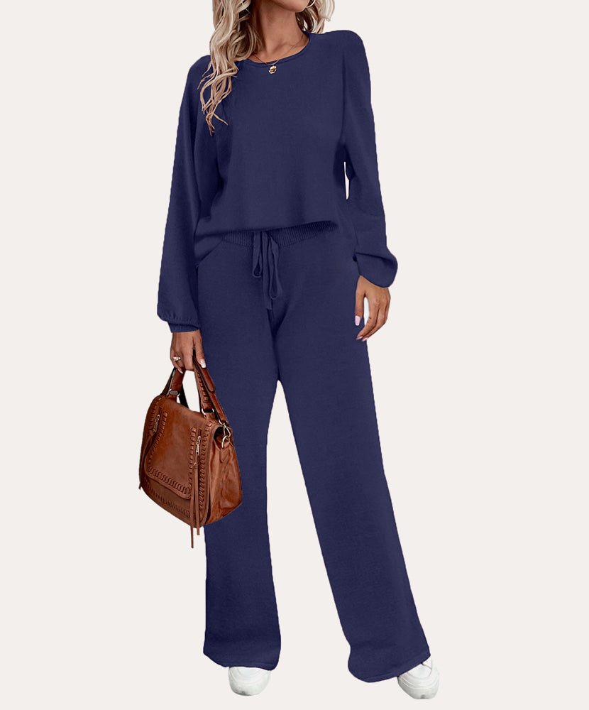 Cozy knit pajama set in navy: long-sleeve top and drawstring wide-leg pants