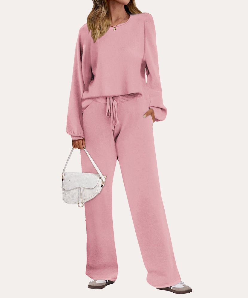 Pink cozy knit pajama set, long-sleeve top with wide-leg drawstring pants