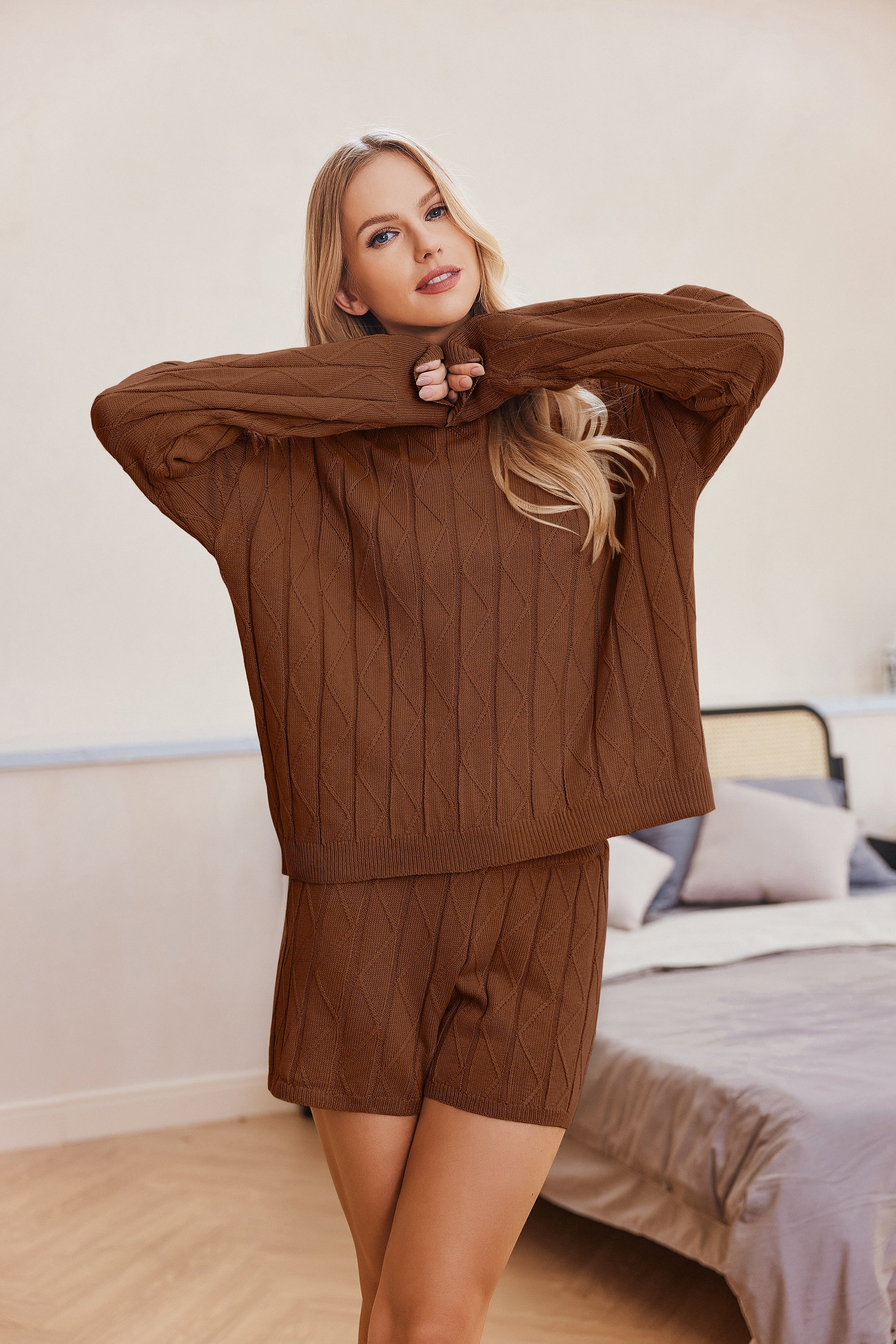 Brown cozy knit sweatsuit set with long sleeves and matching shorts