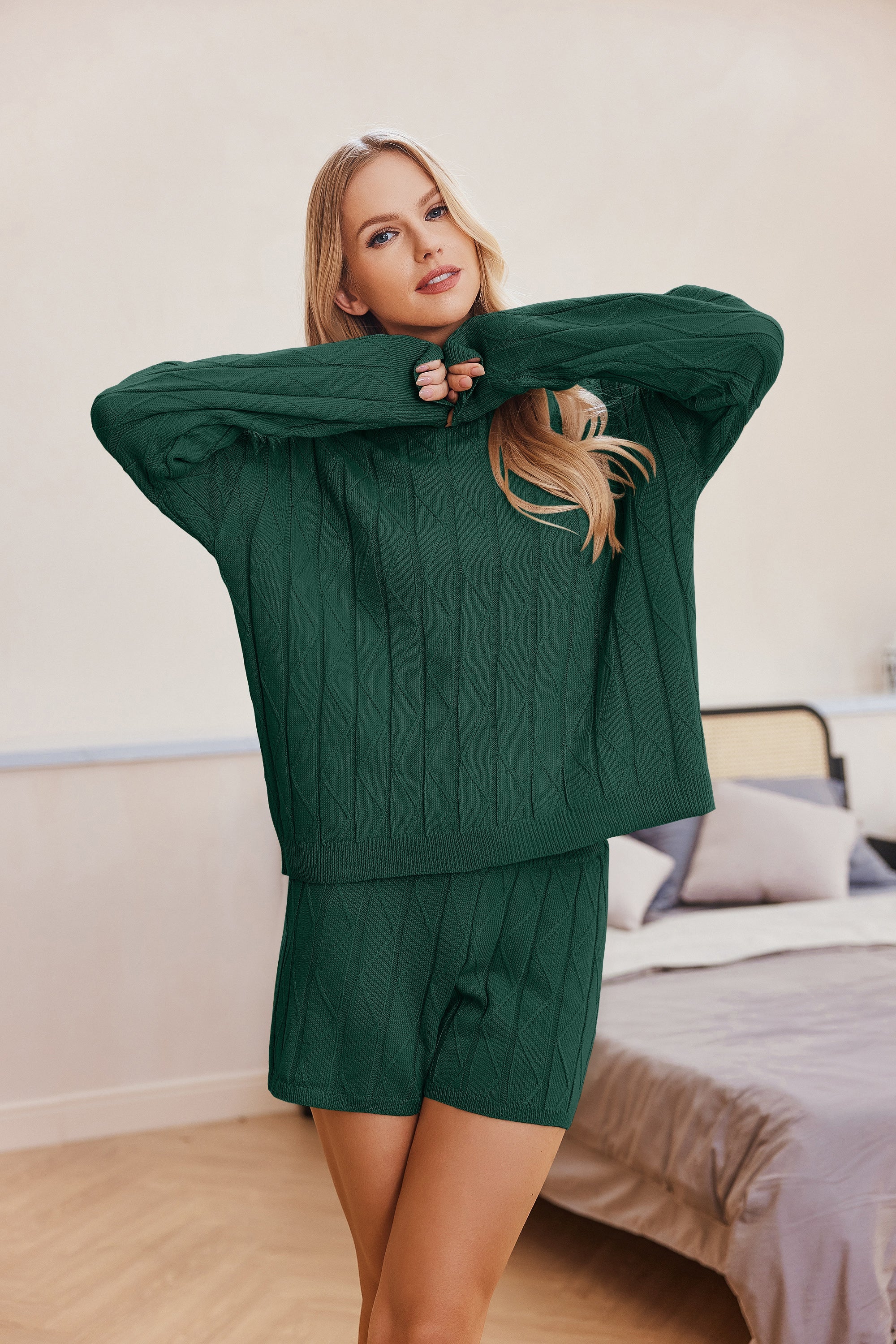 Dark green cozy knit sweatsuit set with long sleeves and matching shorts