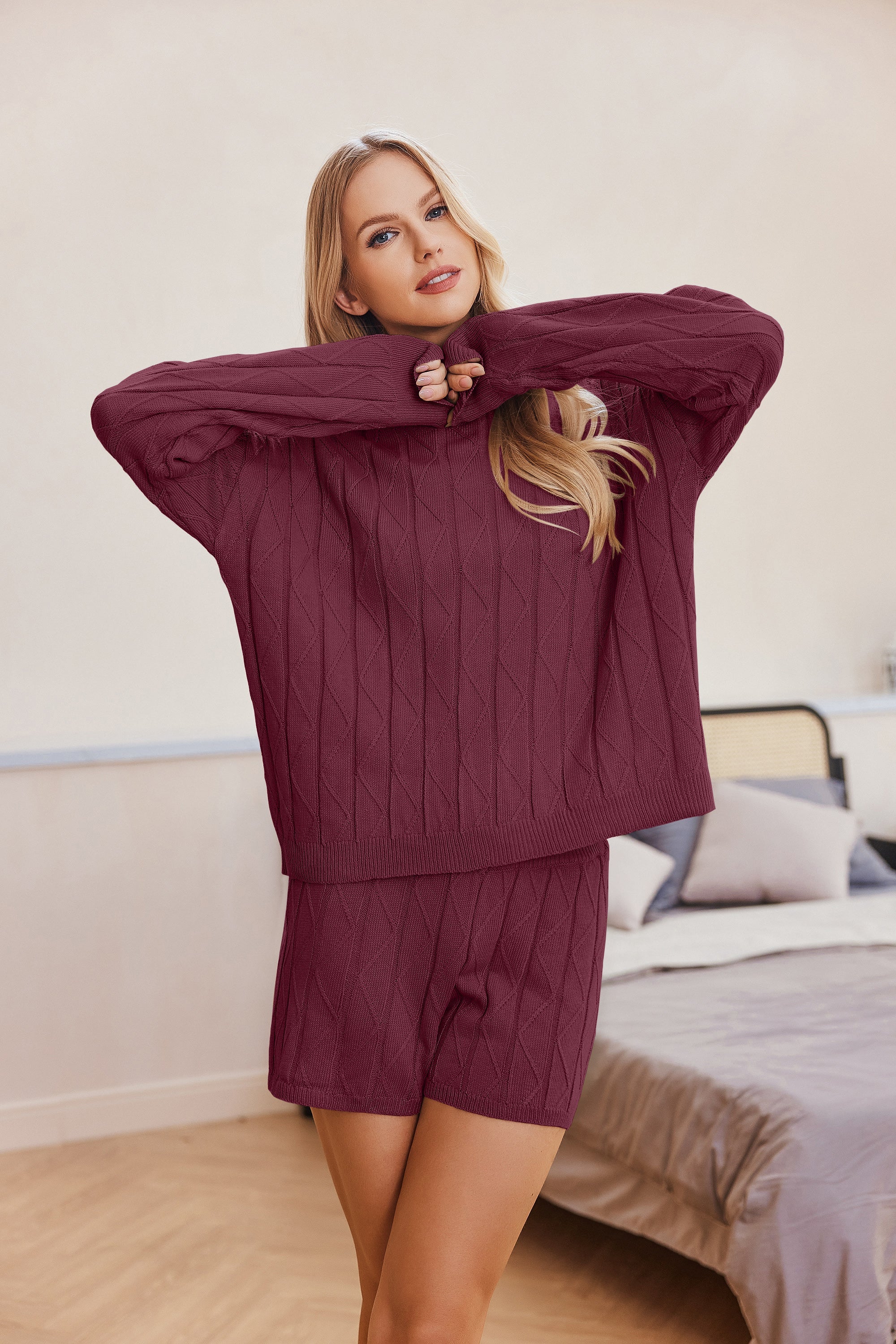 Dark red cozy knit sweatsuit set with long sleeves and matching shorts