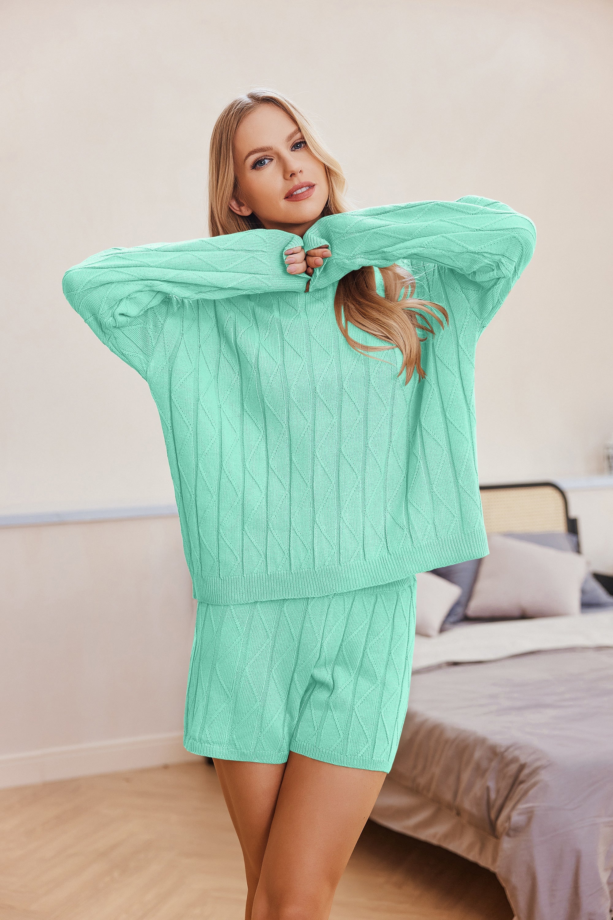 Green cozy knit sweatsuit set with long sleeves and matching shorts
