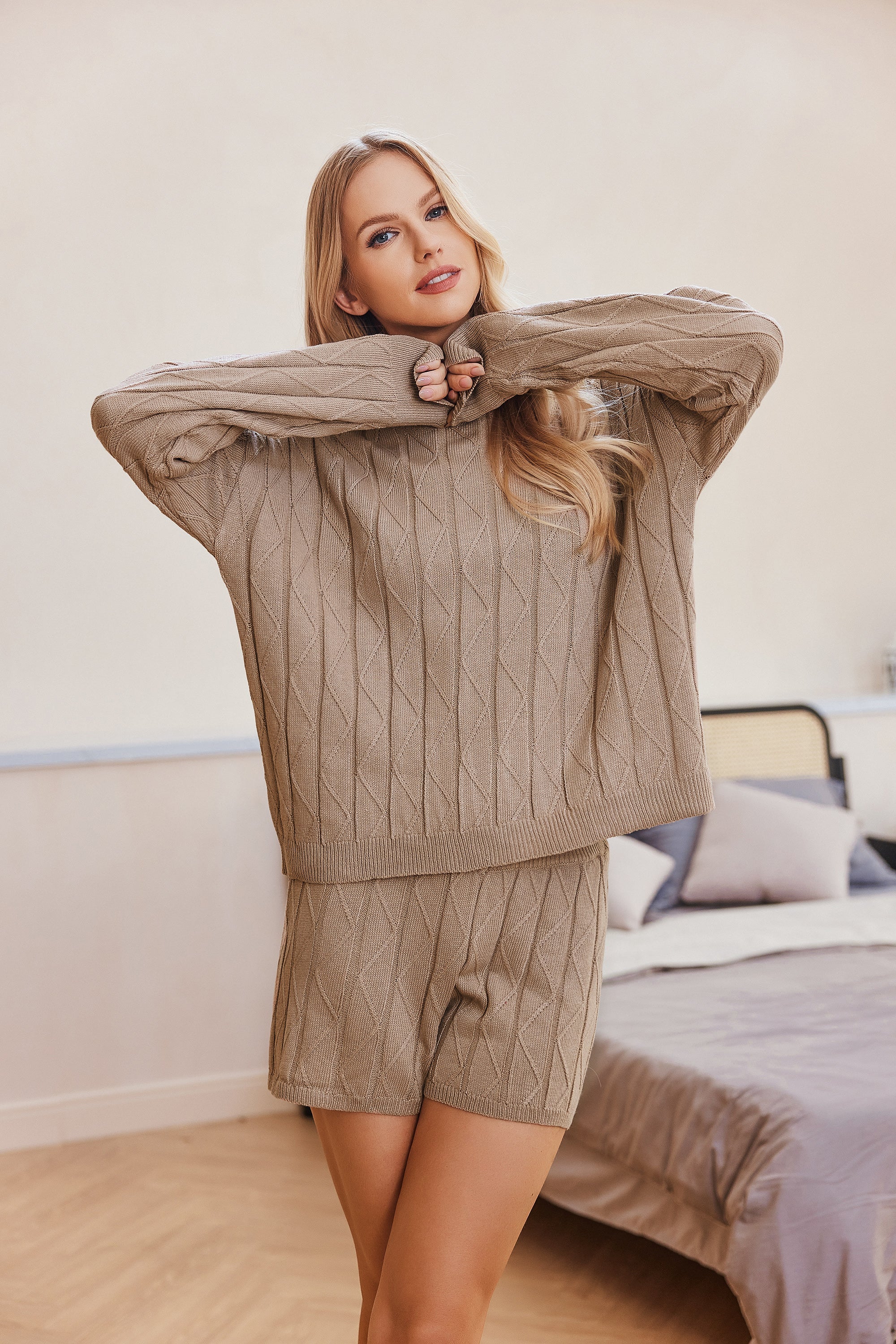 Khaki cozy knit sweatsuit set with long sleeves and matching shorts