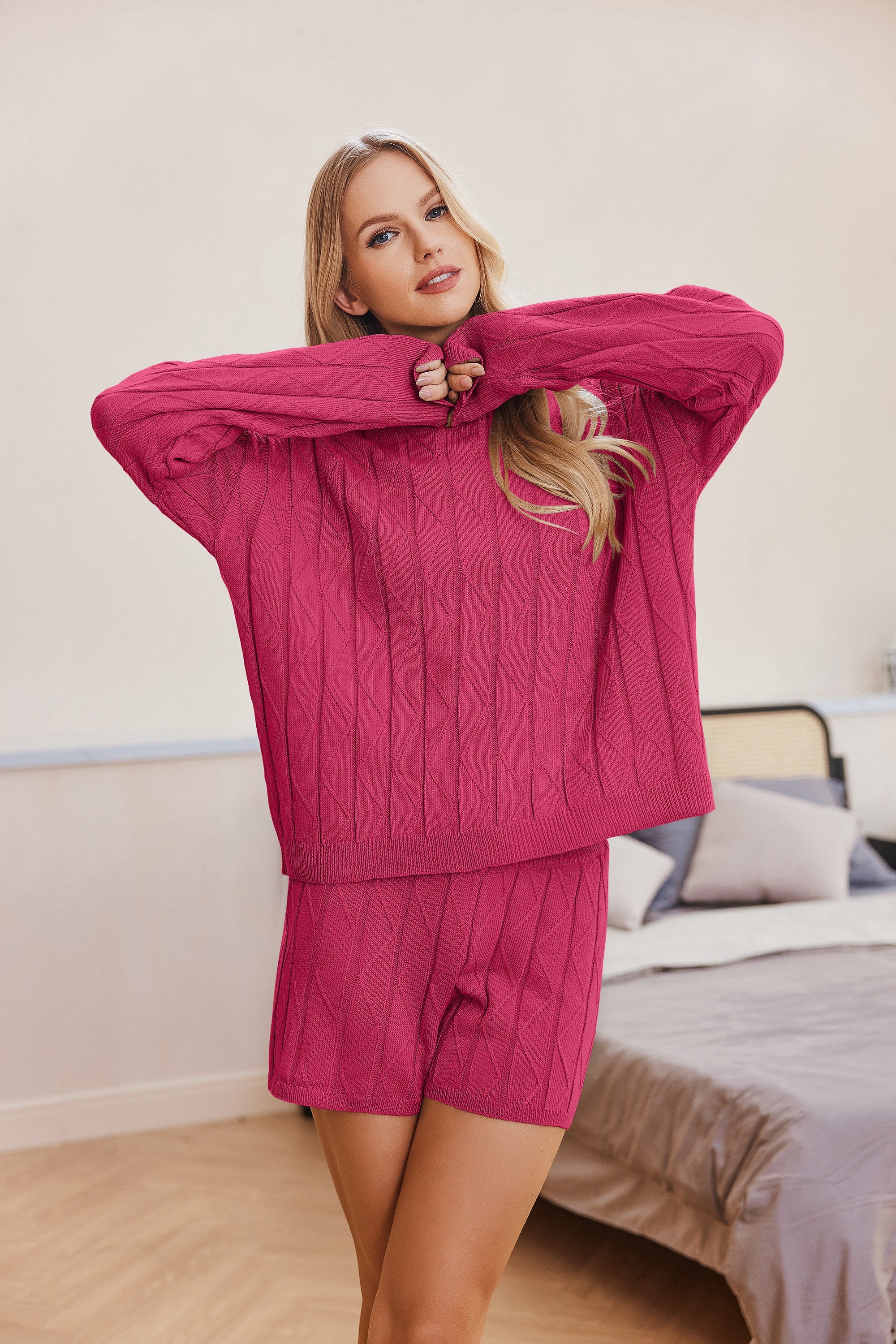Rose red cozy knit sweatsuit set with long sleeves and matching shorts