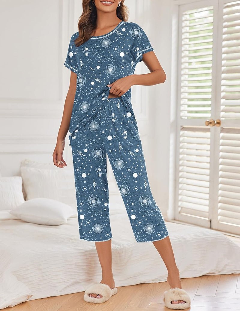 Blue star-print pajama set with short sleeves and cropped pants, crew neckline