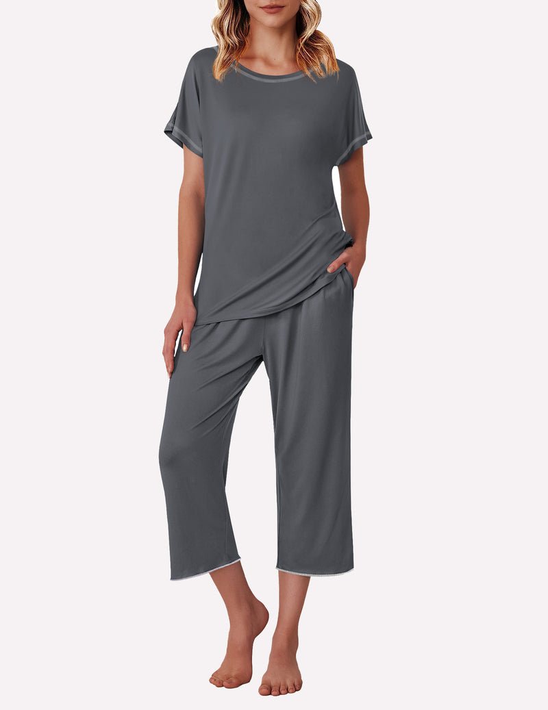 Gray solid pajama set with short-sleeve top and cropped wide-leg pants