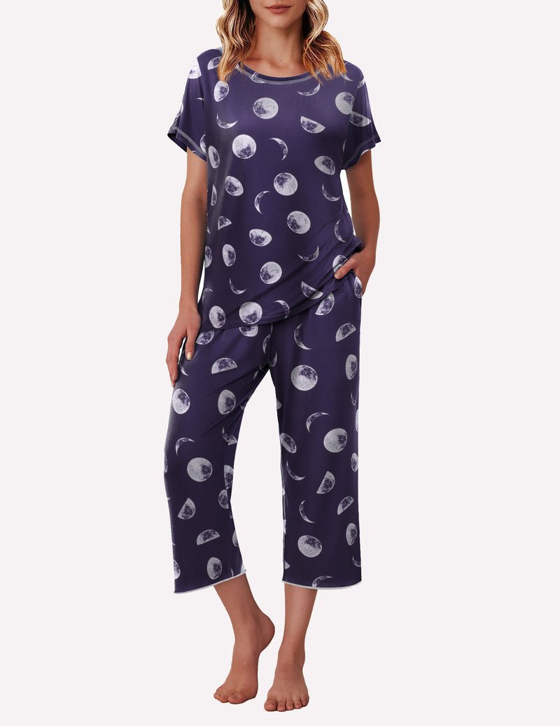 Dark navy moon print pajama set with short-sleeve top and cropped pants