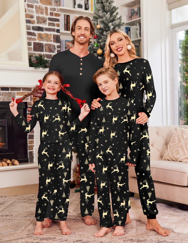 Family Christmas pajamas in dark fabric: black long-sleeve tops with gold deer print