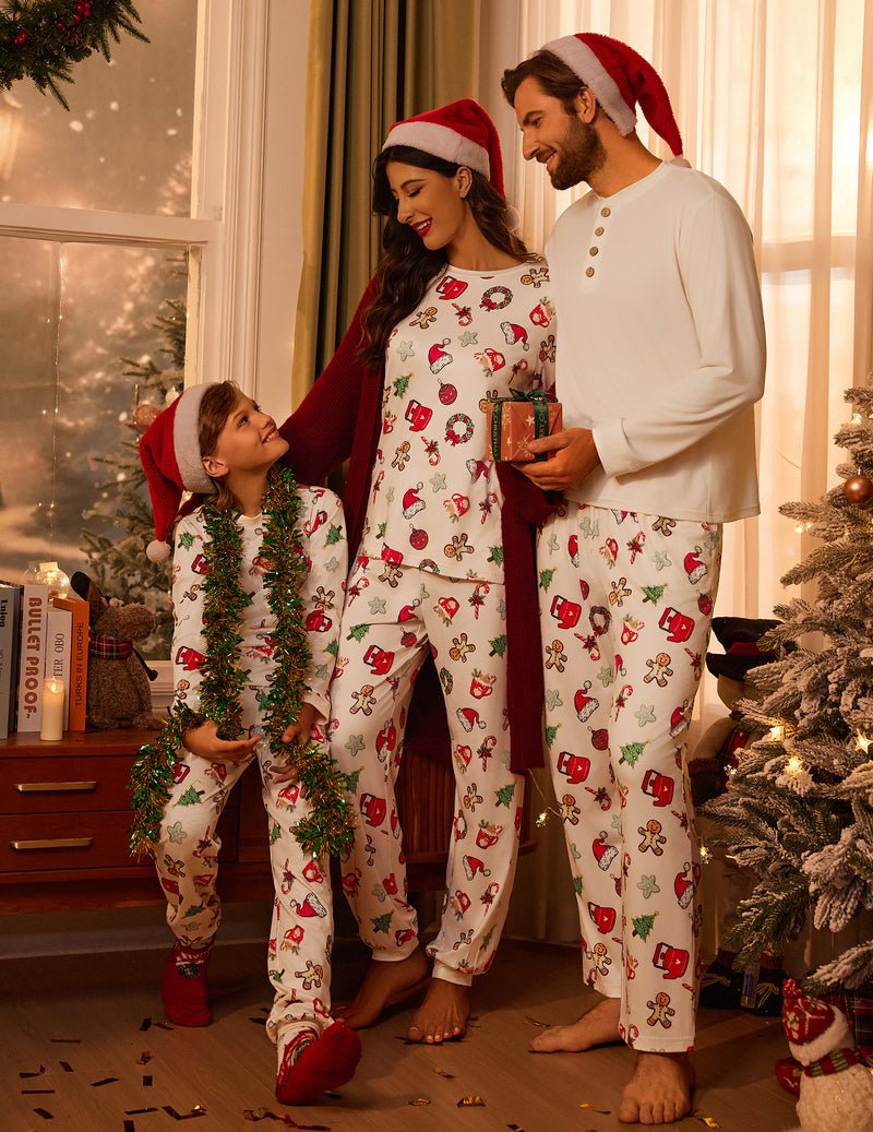 Family Christmas pajama set, cream top and pants with red-and-green holiday icons