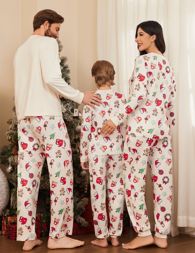 Matching family Christmas pajama set, cream holiday pajama pants with allover print