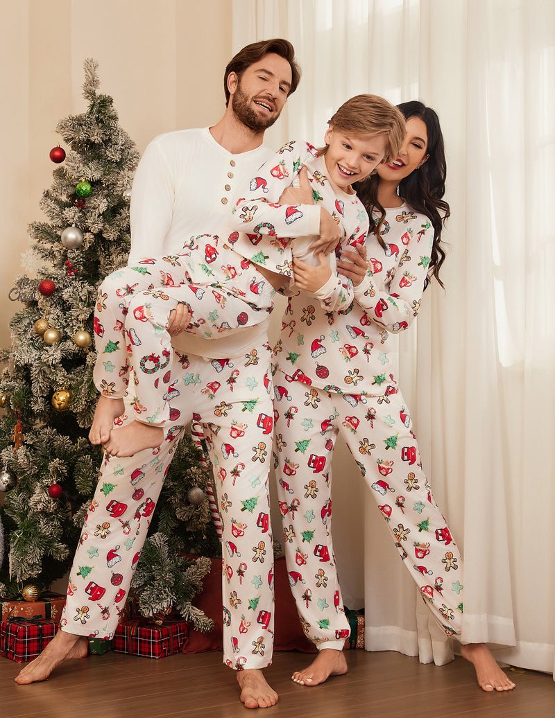 Family Christmas pajama set, cream fabric with festive red-and-green icon print