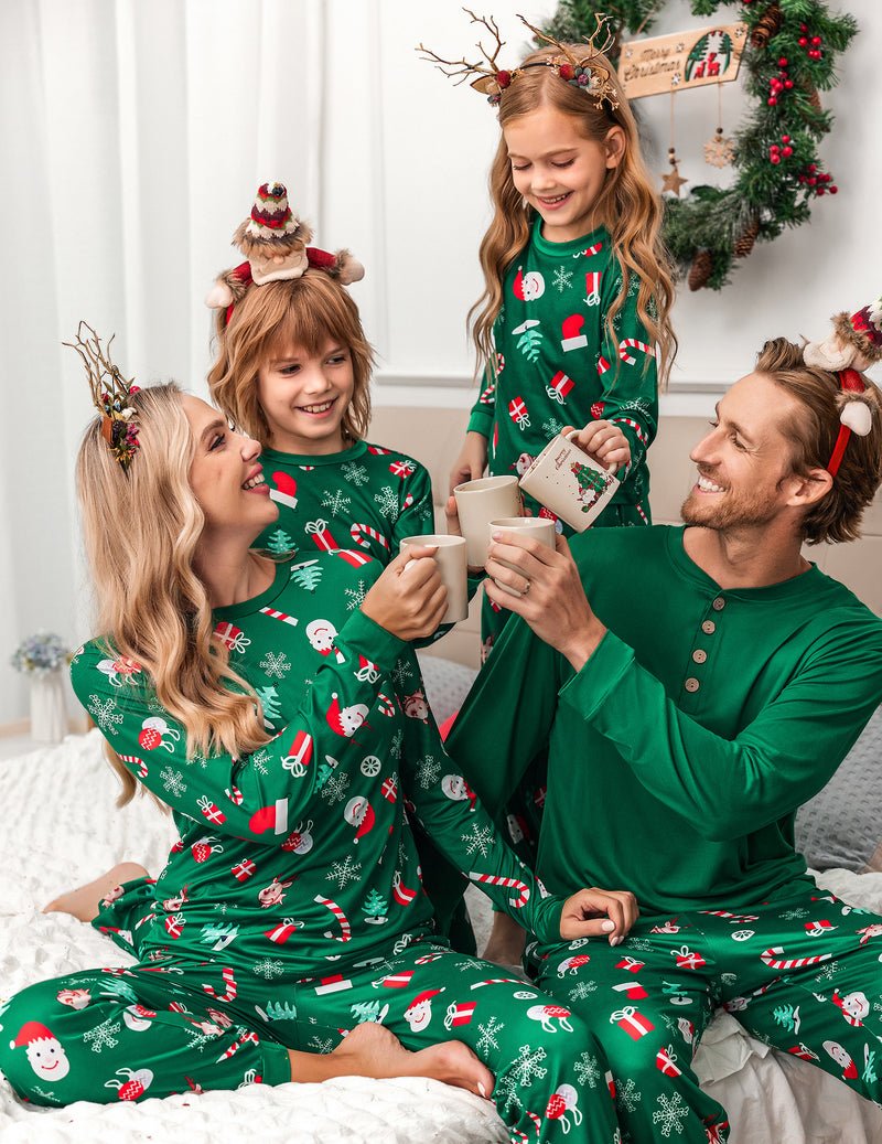 Family Christmas pajama set, green printed pajamas with festive snowman and candy-cane icons