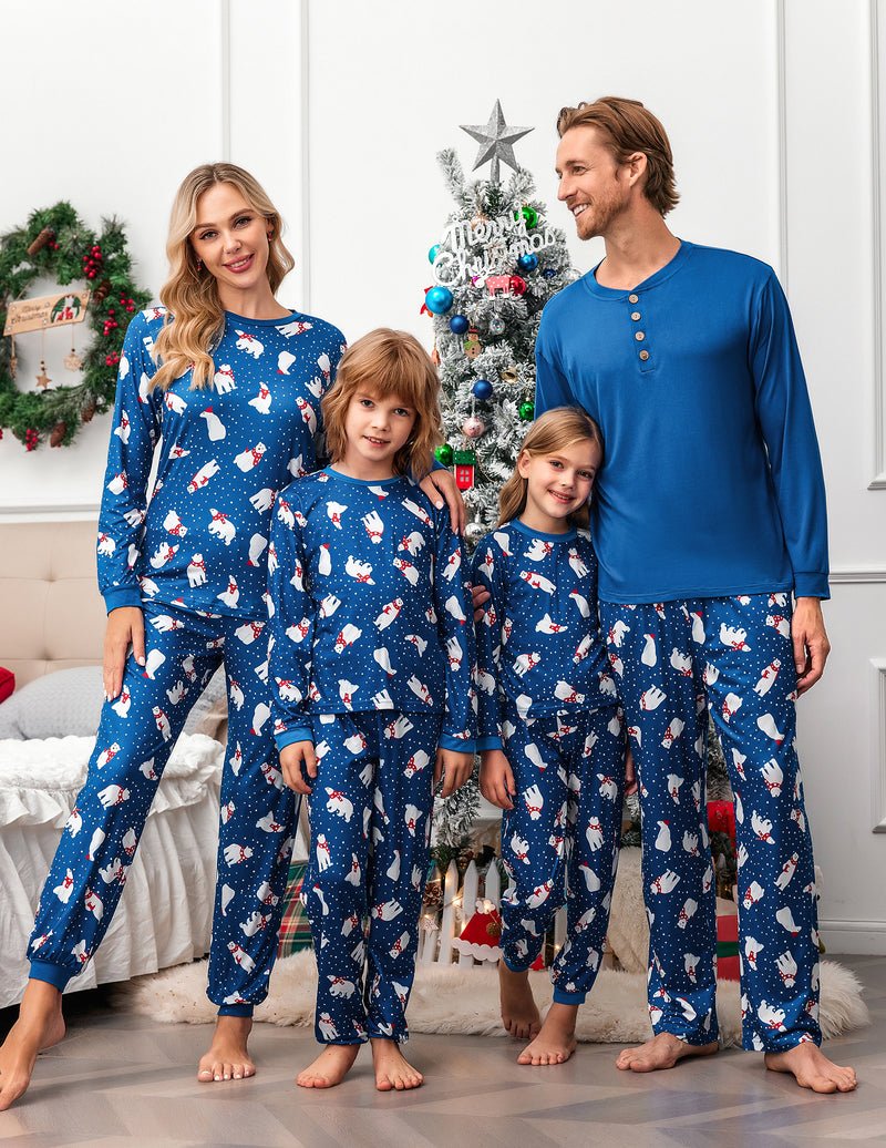 Family Christmas pajama set, blue long-sleeve and pants with allover snowman print
