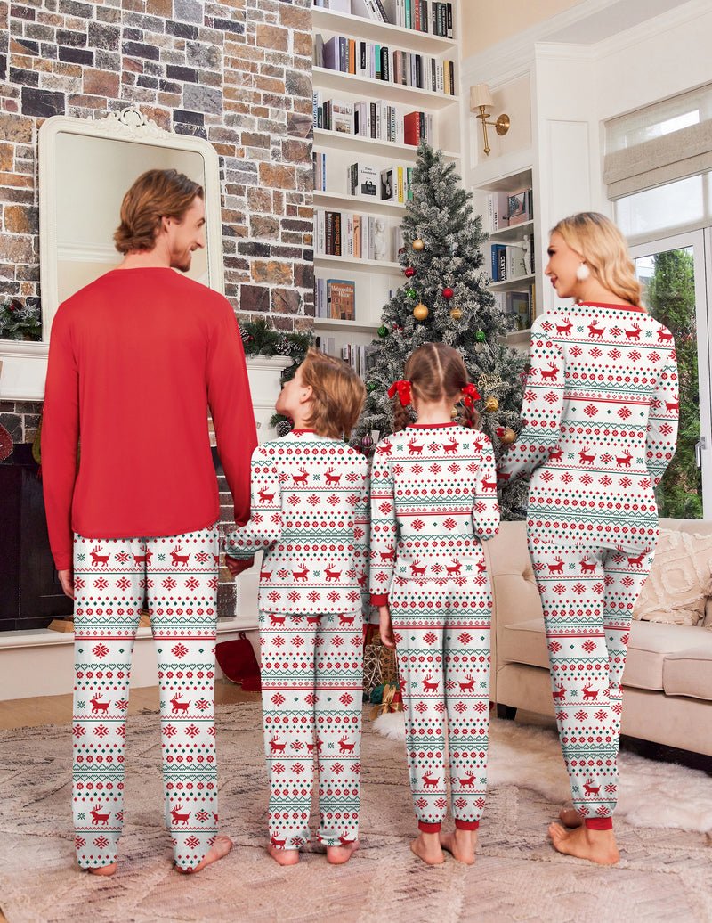Matching Christmas pajamas: red long-sleeve top and white reindeer patterned pants