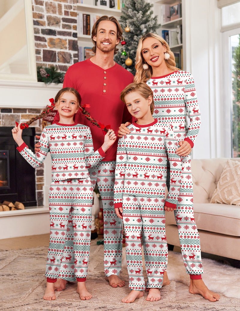 Family Christmas pajama sets: red henley top with white reindeer print pants