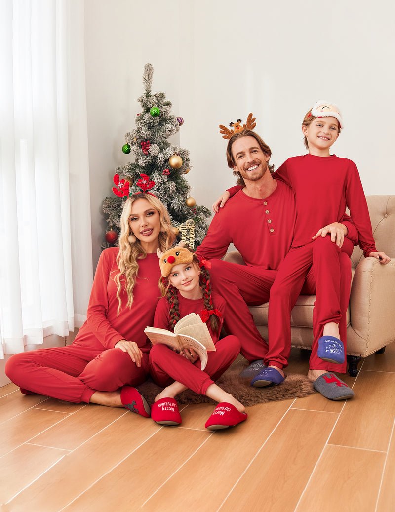 Family Christmas pajamas in red: long-sleeve tops with matching red pants
