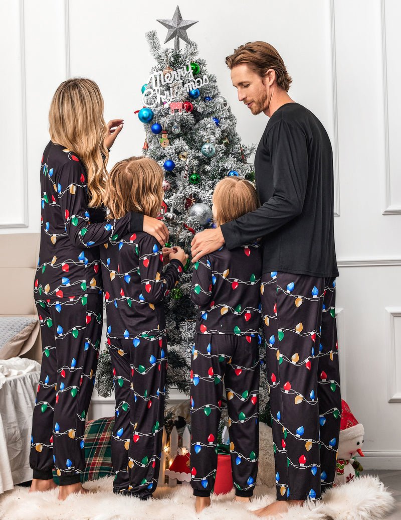 Black long-sleeve Christmas pajama set with colorful light print for family